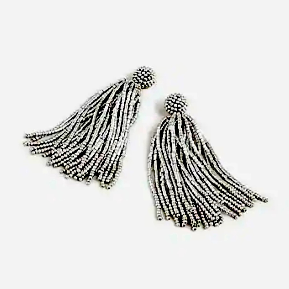 JCREW Beaded Tassel Earrings NWT OS Silver Mirror